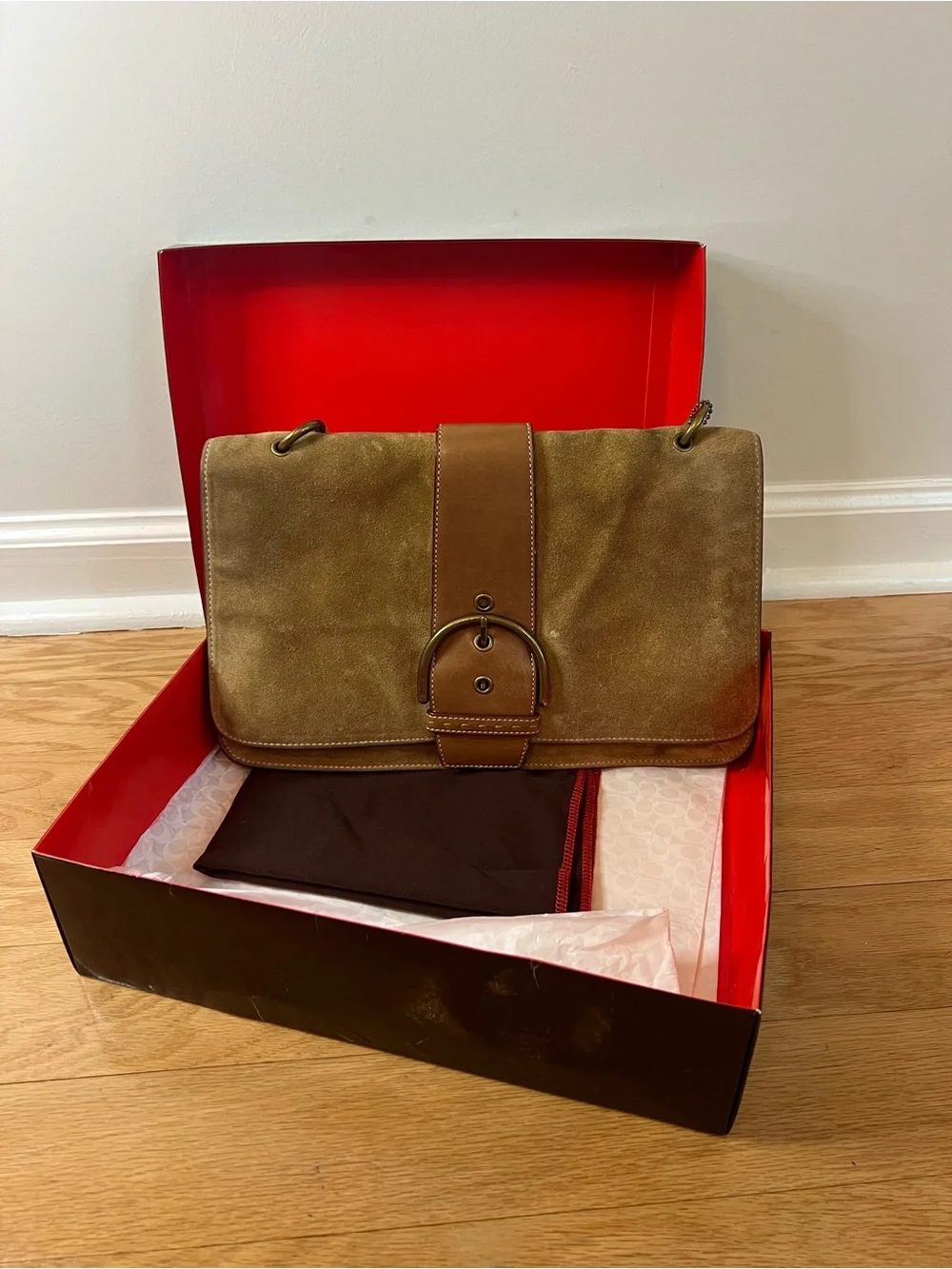 VTG Coach Y2K Soho Tan Suede Large Flap Shoulder Bag 9664 - Full Set W/ Box! - Picture 1 of 14